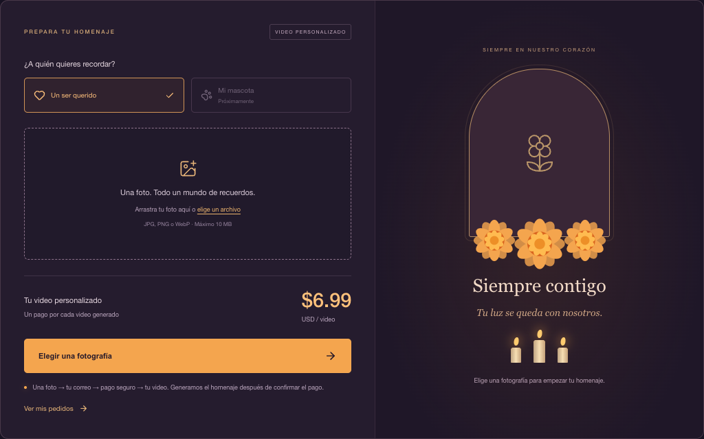 DiadeMuertos creator in Spanish: the Un ser querido option, photo picker and price per video.